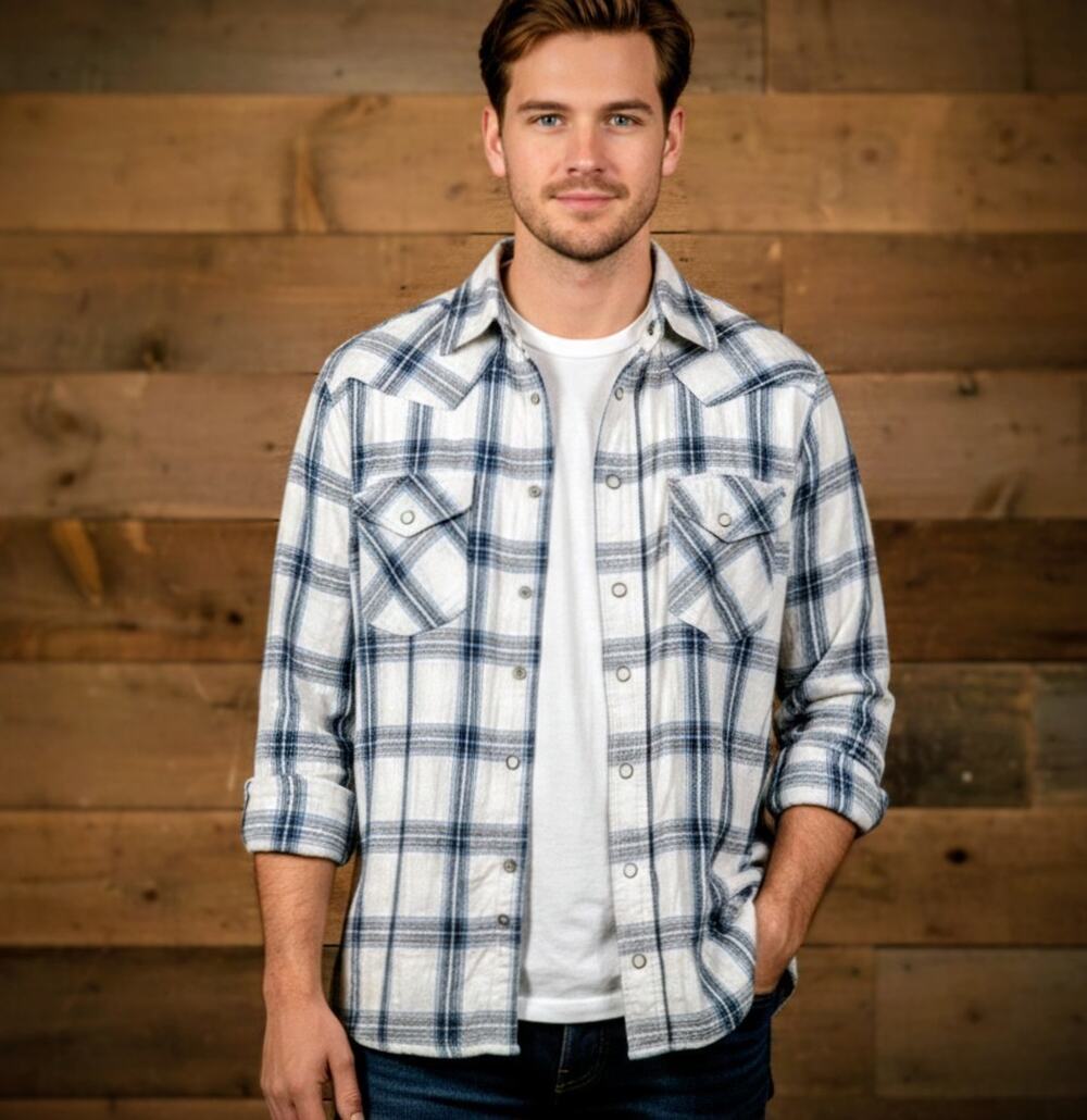 Red Camel Mens Medium Western Pearl Snap Flannel Shirt Blue White Plaid Cotton